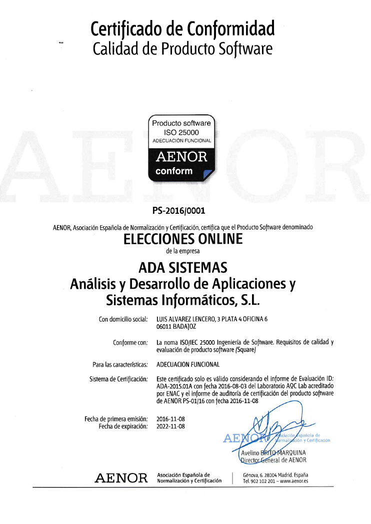 Elecciones Online new ISO/IEC 25000 certificate for Functional Suitability